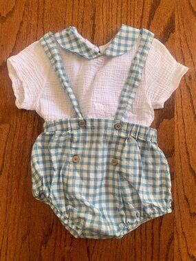 Babidu Cotton Shirt Short Gingham Matching Suspender Set | Blue White | 24 month